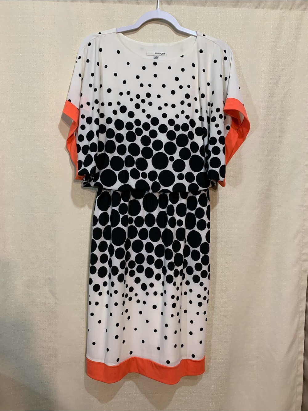 Studio One White and Black Polka Dot Midi Dress with Coral Trim a1/40